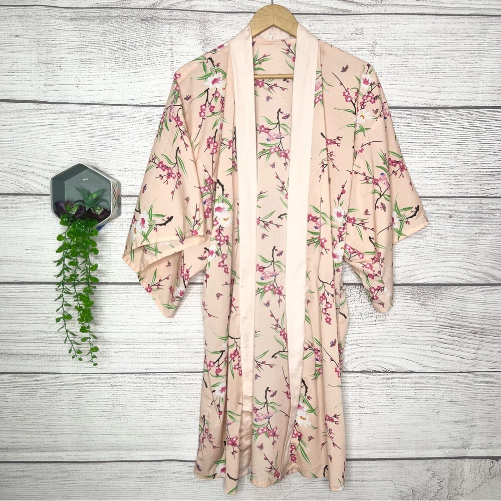 Symphony Cream & Pink Floral Open Front Kimono Robe Size Small